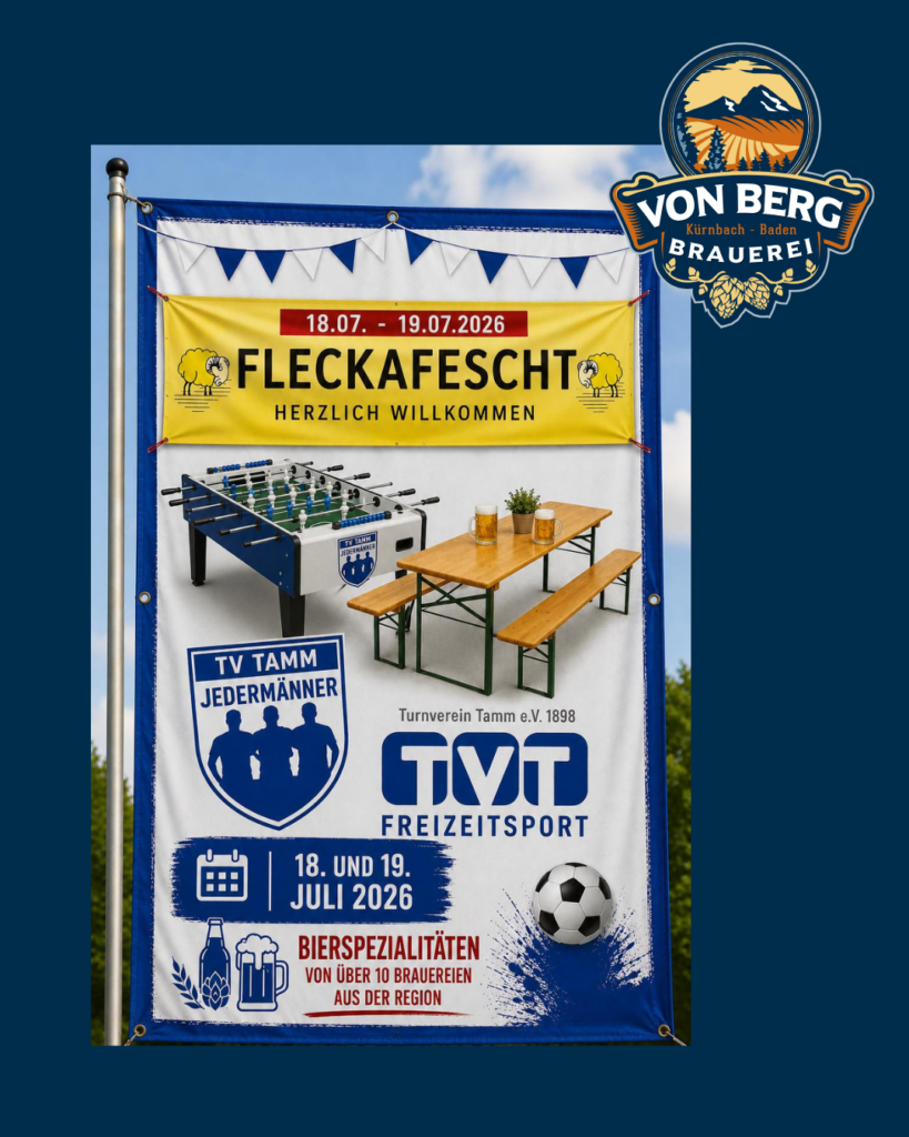 Flyer zum Tammer Fleckafescht am 18. und 19. Juli 2026 mit TV Tamm Jedermännern und regionalen Bierspezialitäten