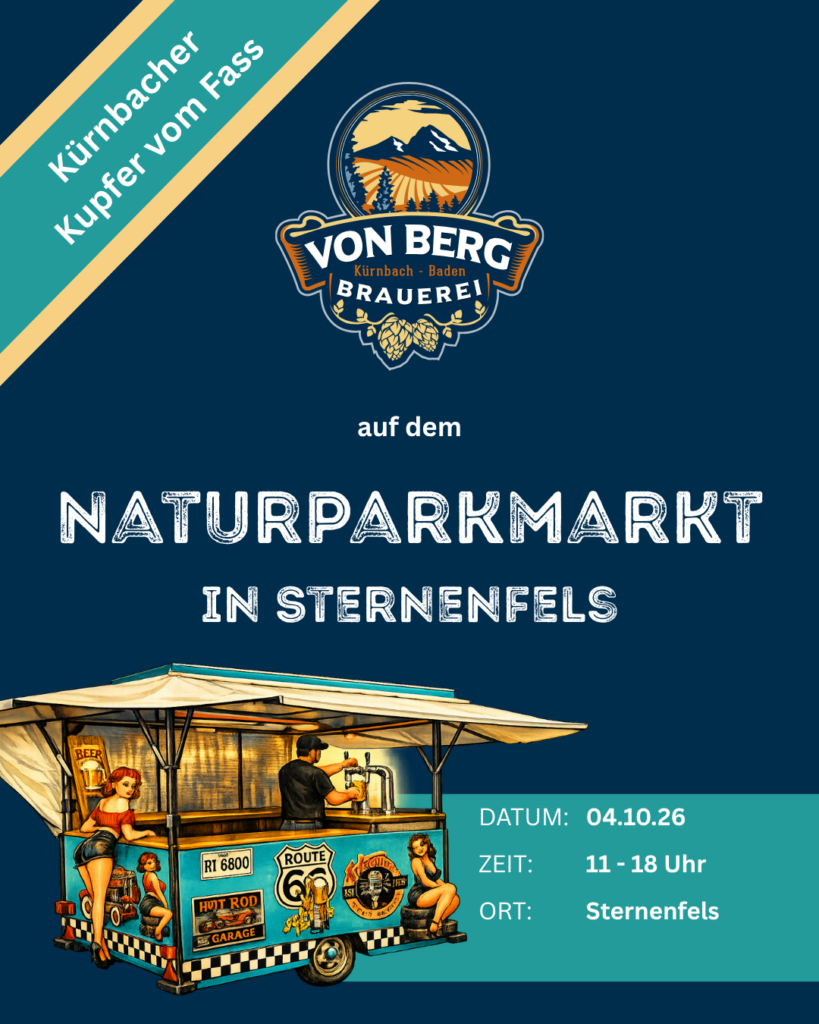 Ankündigung: Brauerei von Berg beim Naturparkmarkt in Sternenfels am 4. Oktober 2026, Helles und Kürnbacher Kupfer vom Fass.