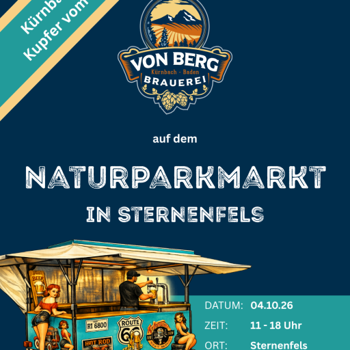 Ankündigung: Brauerei von Berg beim Naturparkmarkt in Sternenfels am 4. Oktober 2026, Helles und Kürnbacher Kupfer vom Fass.