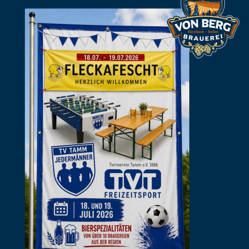 Flyer zum Tammer Fleckafescht am 18. und 19. Juli 2026 mit TV Tamm Jedermännern und regionalen Bierspezialitäten